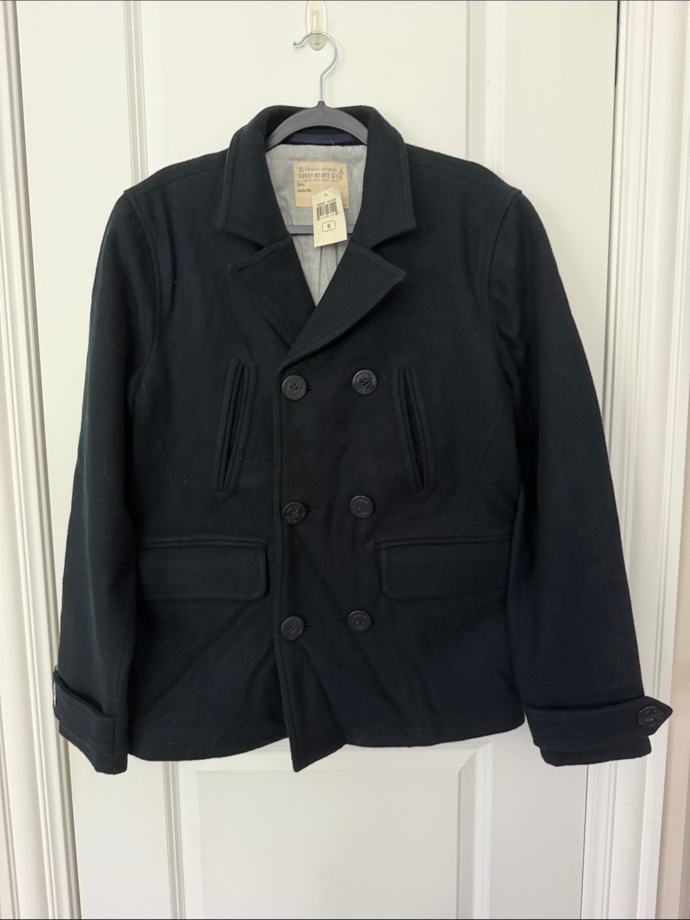 NWT Lucky Brand Men's Black Double-Breasted Wool Peacoat